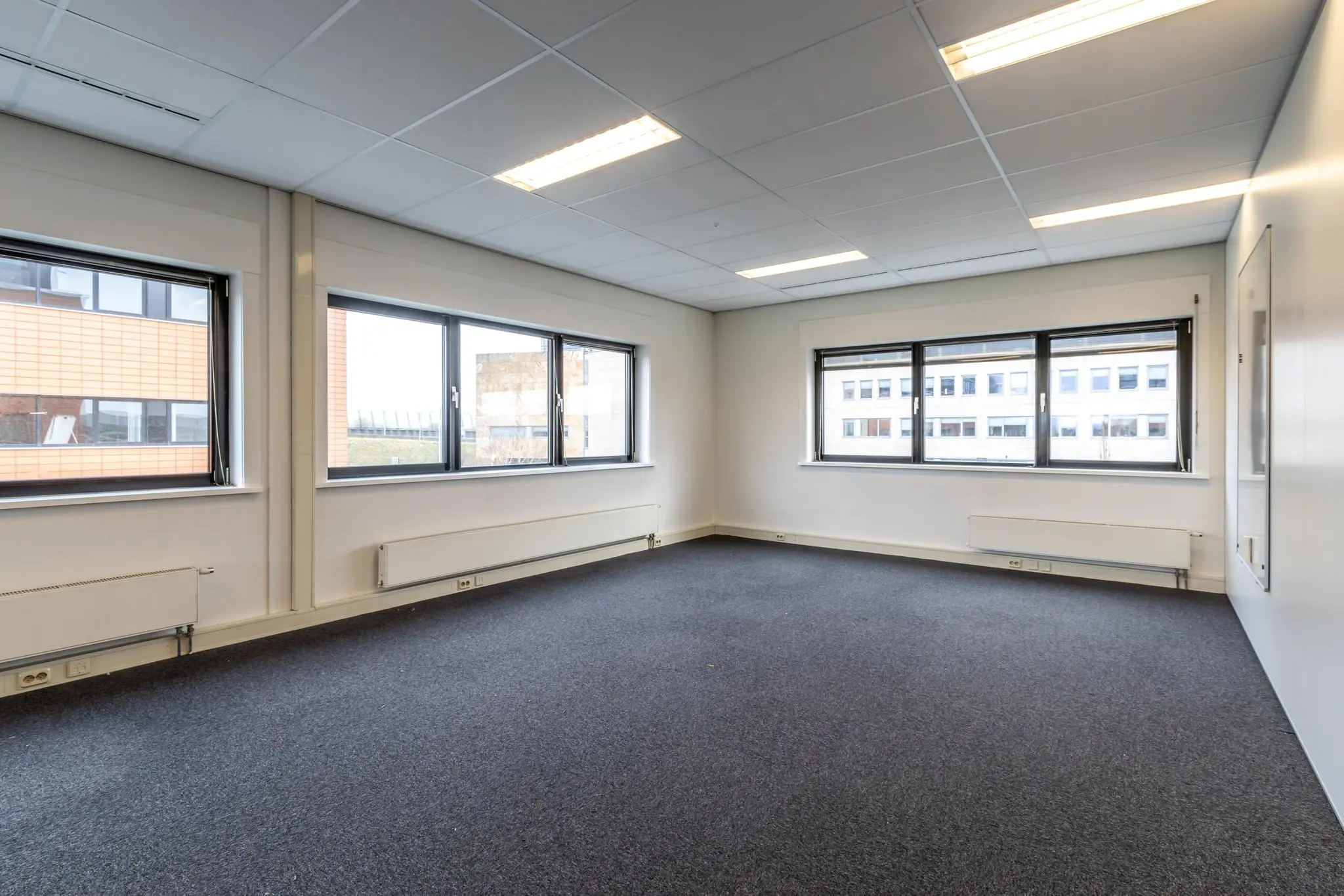 Leeg en licht kantoorruimte aan de Lage Biezenweg met grote ramen en systeemplafond.